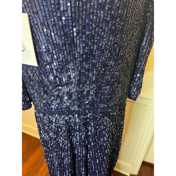 Mac Duggal 5578 size 20Navy Blue Sequin Wrap V Neck Puff Sleeve Midi Dress - Picture 12 of 14